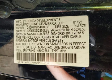 2022 Honda Passport Awd Elite из США, поврежденный, VIN 5FNYF8H01NB003681